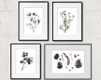 Gallery Wall Print Set, Nature Brown Beige Prints, Ink Drawings of Plants, Neutral Home Decor