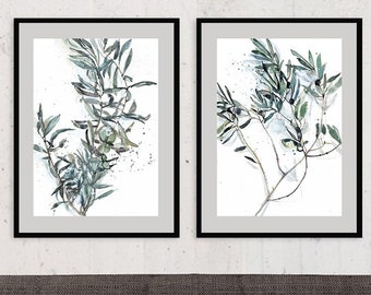 Set Of 2 Olive Branch Prints, Olive Leaves Wall Art, Olive Wall Decor, Olive Branch Art, Abstract Art Poster, Botanical Watercolor Prints