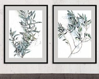 Set Of 2 Olive Branch Prints, Olive Leaves Wall Art, Olive Wall Decor, Olive Branch Art, Abstract Art Poster, Botanical Watercolor Prints