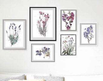 Impression de fleurs à l’aquarelle rose et violette de 6, gravures de peintures de fleurs sauvages, impressions de bouquets floraux, art mural de salon, galerie d’art mural