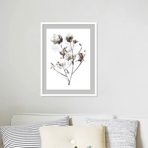Cotton Plant Watercolor Painting Print, Gray Beige Art Home Decor, Cotton Aquarelle Artwork