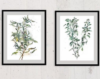 Herbs Art Set of 2 Prints, Sage and Verbena Watercolor Art, Green Botanical Wall Set, Nature inspired Home Decor