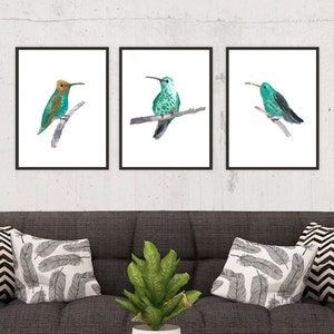 Set Of 3 Bird Prints, Hummingbird Painting Prints, Emerald Green Bird Wall Art, Colibri Prints, Birds Home Gallery, Dining Room Wall Decor