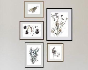 Set Of 5 Botanical Prints, Bedroom Wall Decor, Nature Wall Gallery, Rustic Home Wall Hangings, Bohemian Wall Art, Dining Room Gallery Wall