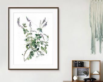Mint plant painting, Watercolor herb art, Mint art print, Popular botanical poster, Herb print, Kitchen herb wall art, Boho wall decor