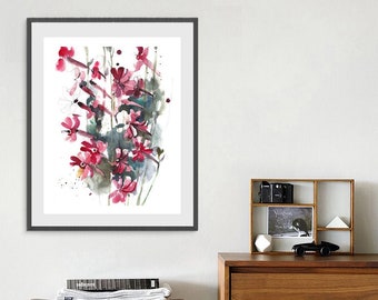 Wildflowers Painting Print, Meadow Flowers Watercolor, Floral Artwork Poster, Garden Art, Living Room Pink Decor, Gift for her, Illustration