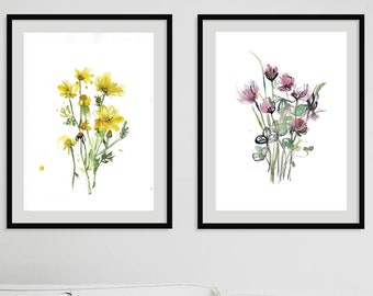 Ensemble de 2 aquarelles d’art des fleurs de la prairie printanière grand art mural printanier