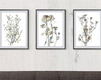 Herb Print Set Of 3, Floral Wall Art, Kitchen Print Set, Botanical Artwork, Herbal Posters, Watercolor Herb Prints, Kitchen Wall Art