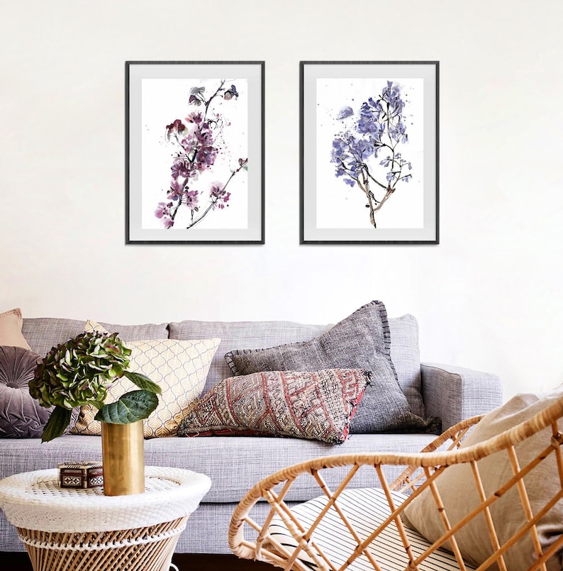almond and jacaranda flowers pink purple floral painting set | etsy