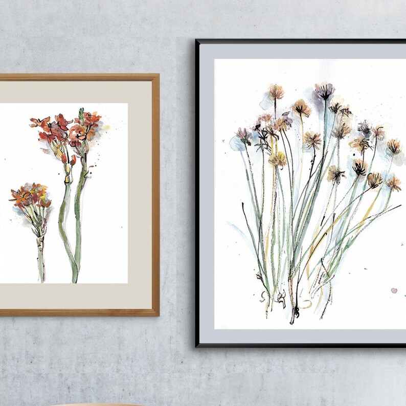 Floral Art Set of 5 Drawings, Watercolor Flower Gallery Wall Art, Living Room Wall Decoration, Floral Gallery Art Prints, Botanical Prints image 3