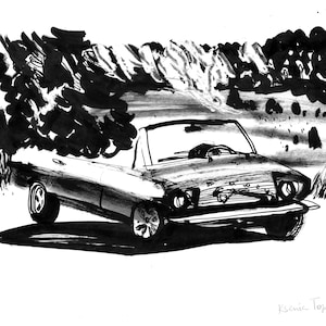 Disegno personalizzato di un'auto Mustang - Originale opera d'arte retrò a inchiostro, regalo personalizzato per lui, arte murale per amanti delle auto d'epoca