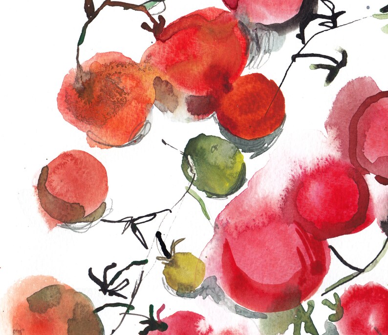 loose watercolor painting of vegetables kitchen wall decor food wall art Cherry tomatoes print