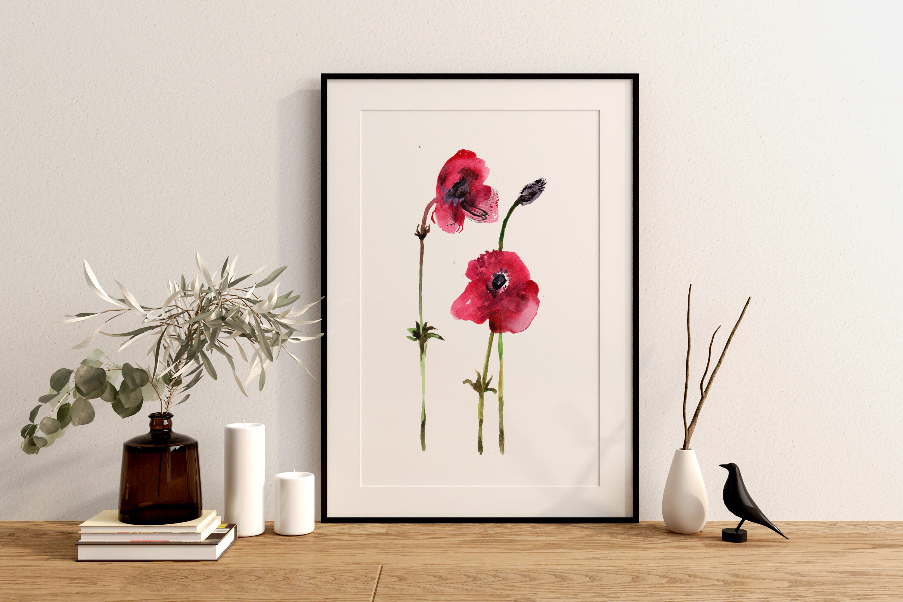 Red Poppy Watercolor Art Print - Minimalist Floral Wall Decor for ...