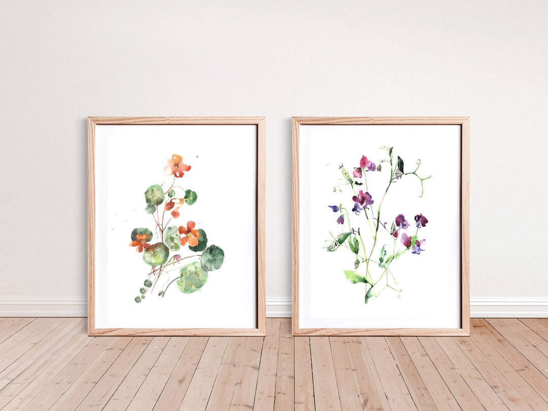 Nasturtium and Sweet Pea Art Print, Watercolor Painting of Flowers, Set