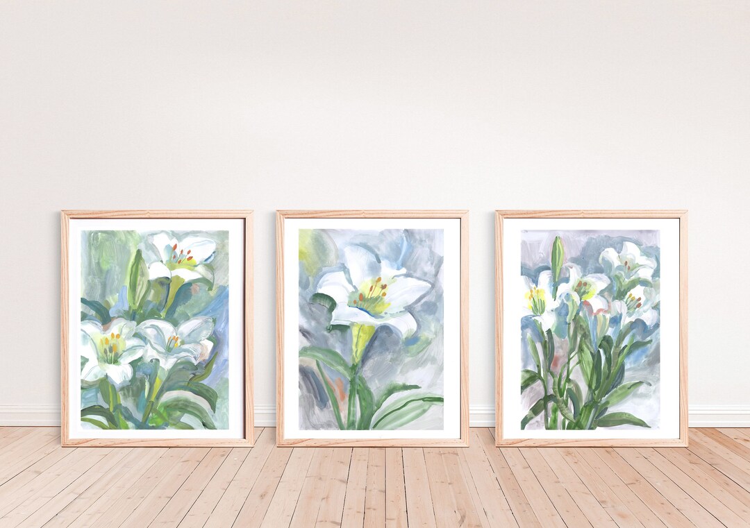 White Lily Watercolor Print Set: Blue & Green Floral Wall Art - Etsy