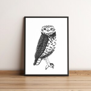 Owl Illustration Bird Print - Modern Minimalist Wall Art in Black and White