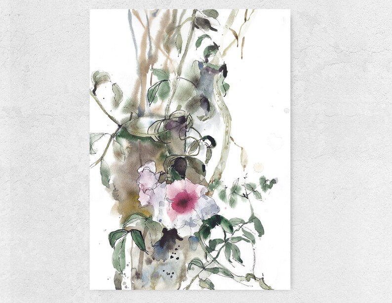 Hollyhock Watercolor Flowers, Pink Purple Floral Painting Set of 2, Bedroom Botanical Wall Decor, Living Room Flower Art Set image 5