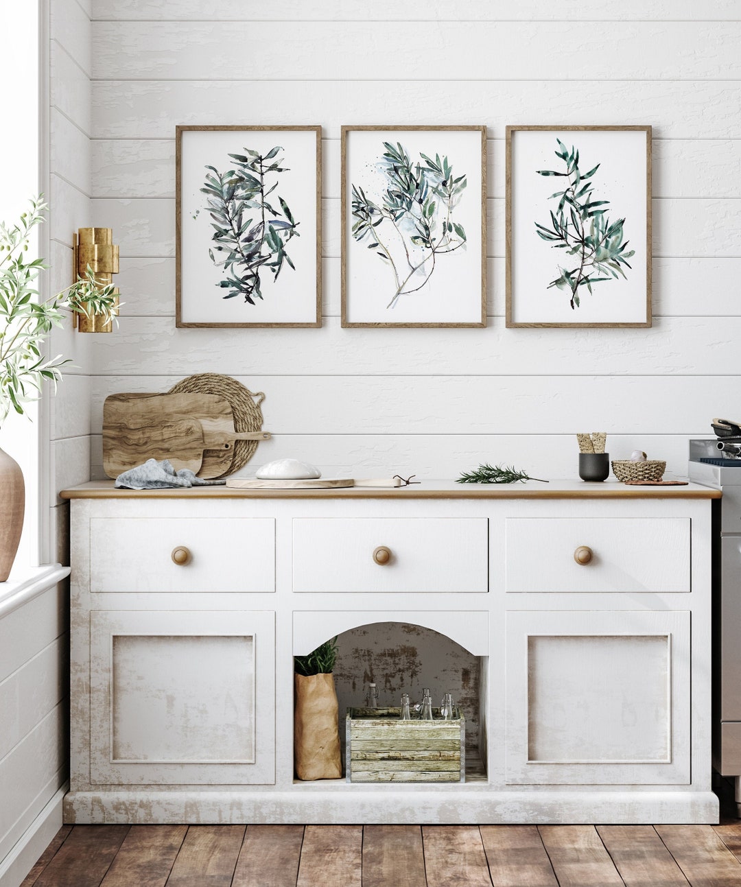Olive Tree Branch Art Set of 3 Prints, Greenery Wall Art Abstract ...
