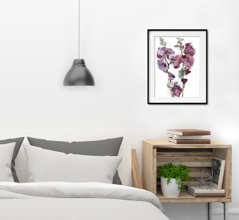 Hollyhock Watercolor Flowers, Pink Purple Floral Painting Set of 2, Bedroom Botanical Wall Decor, Living Room Flower Art Set image 8