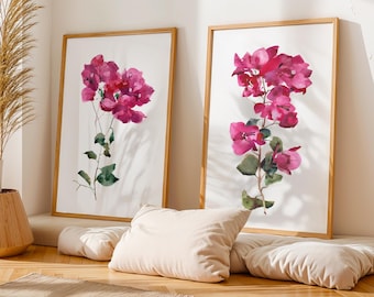 Bougainvillea Watercolor Print Set: Magenta Floral Wall Art