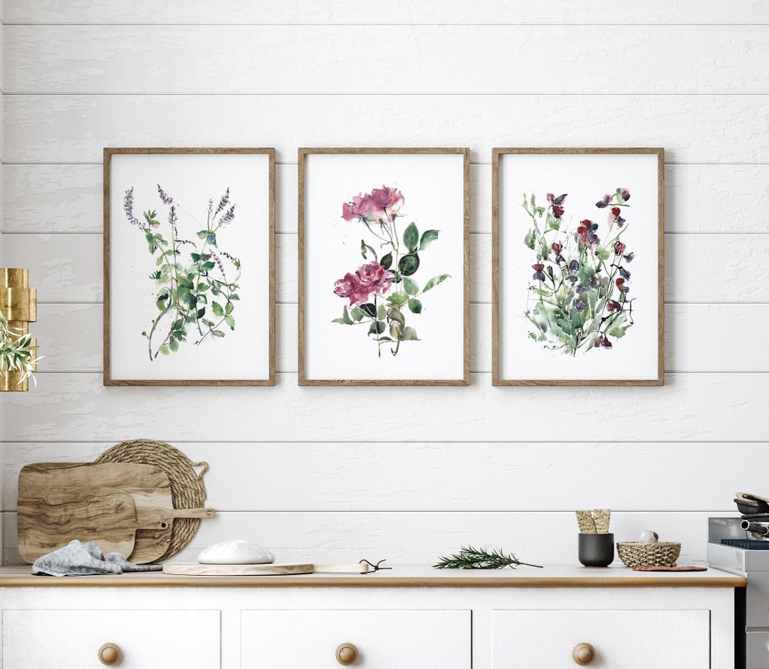 Botanical Watercolor Print Set of 3 – Pink & Green Wild Flower Art From ...