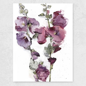 Hollyhock Watercolor Flowers, Pink Purple Floral Painting Set of 2, Bedroom Botanical Wall Decor, Living Room Flower Art Set image 3