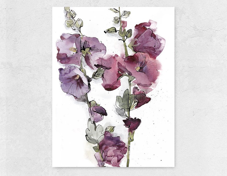 Hollyhock Watercolor Flowers, Pink Purple Floral Painting Set of 2, Bedroom Botanical Wall Decor, Living Room Flower Art Set image 3