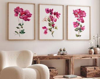 Bougainvillea Art Set of 3, Watercolor Floral Prints, Vibrant Magenta Botanical Wall Decor