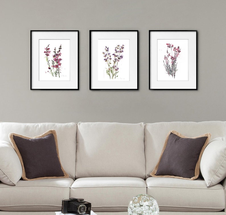Pink Flower Prints set of 3 Botanical Watercolor Wildflowers Etsy
