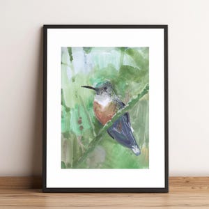 Hummingbird Painting Print, Gouache Bird Art, Blue and Green Wall Decor, Nature-Inspired Home Art