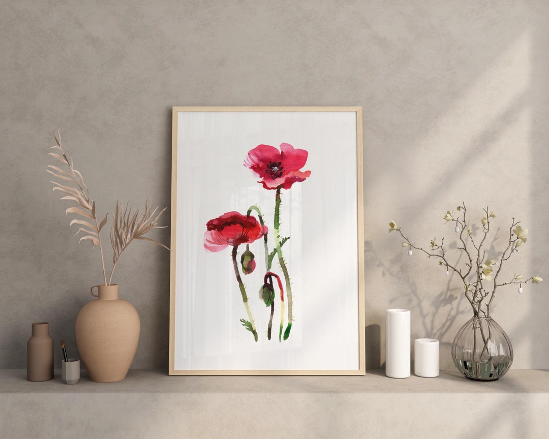 Minimalist Red Poppy Watercolor Wall Art Print - Wildflowers Decor Gift ...