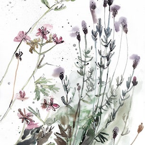 Puede incluir: Pintura acuarela de un ramo de flores rosas y moradas con tallos y hojas verdes sobre un fondo blanco.