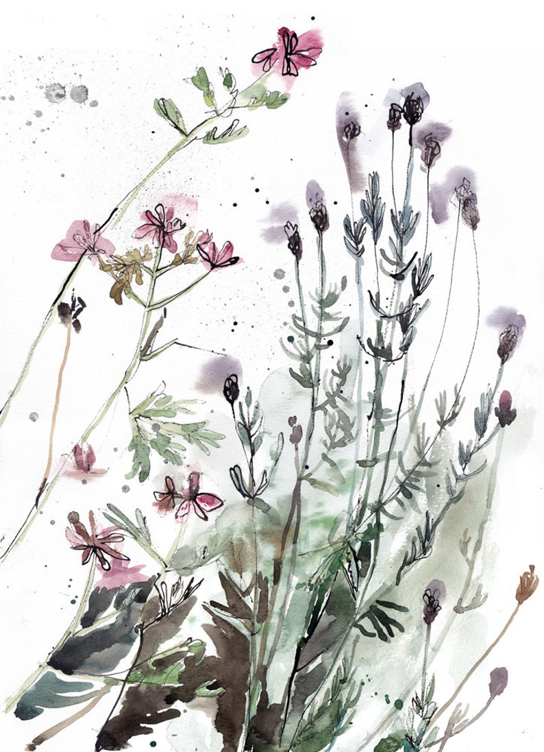 Puede incluir: Pintura acuarela de un ramo de flores rosas y moradas con tallos y hojas verdes sobre un fondo blanco.
