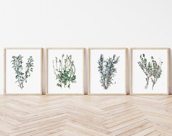 Ensemble d'art botanique vert de 4 herbes, ensemble d'impressions naturelles de mur de verdure aquarelle, décoration de bureau de thérapie