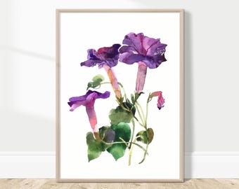 Morning Glory Watercolor Print, Purple Botanical Wall Art, Floral Painting, Cottagecore Flower Decor, Nature Garden Print, Bedroom Art