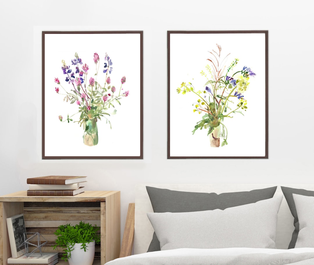 Wildflower Bouquet Watercolor Print Set: Boho Cottagecore Wall Art - Etsy