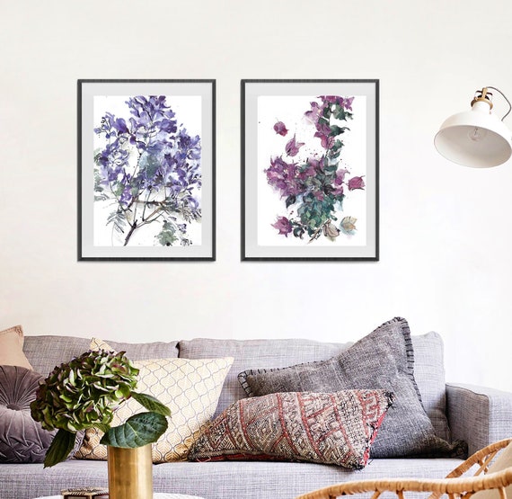 Jacaranda And Bougainvillea Purple Flowers Drawing Set Of 2 Etsy