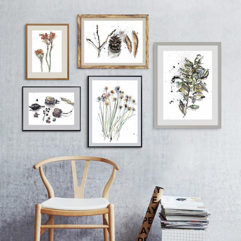 Floral Art Set of 5 Drawings, Watercolor Flower Gallery Wall Art, Living Room Wall Decoration, Floral Gallery Art Prints, Botanical Prints image 1