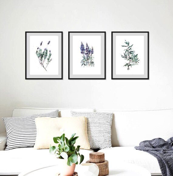 Lavender Lupine and Olive Print Set Green Purple Plants - Etsy