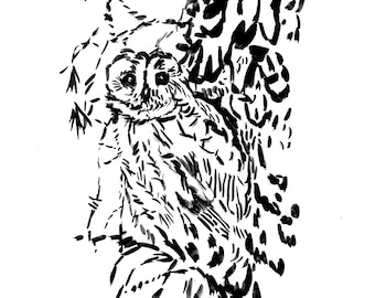 Owl Ink Drawing Print - Black and White Bird Artwork - Optical Illusion Wall Decor