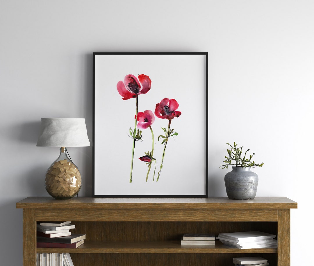 Poppy Art Print - Watercolor Painting of Red Flowers, Minimalist Floral ...