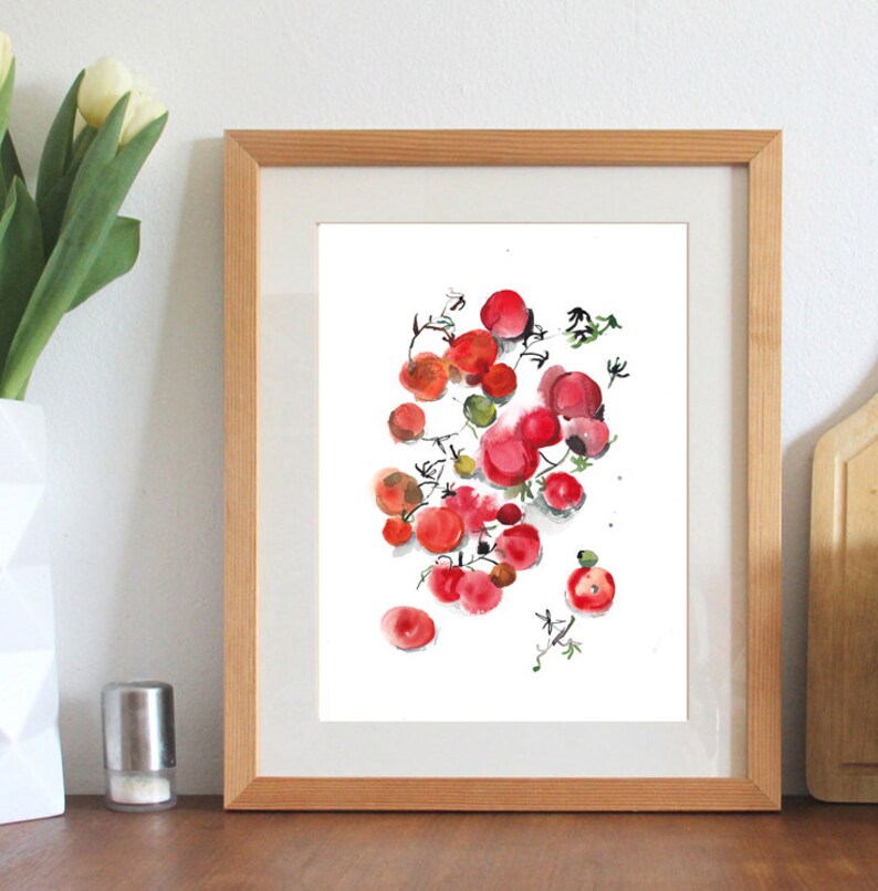 loose watercolor painting of vegetables kitchen wall decor food wall art Cherry tomatoes print