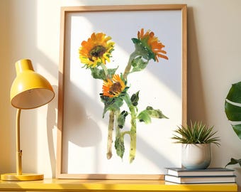 Sunflower Painting Print, Gouache Artwork, Vibrant Floral Wall Decor, Bold Botanical Art