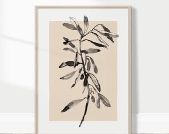 May include: A black and white ink drawing of a branch with leaves on a beige background. The drawing is framed in a light wood frame.