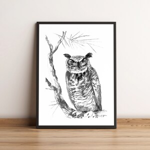 Great Horned Owl Charcoal Drawing - Bird Wall Art for Stylish Black and White Decor