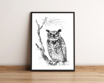 Horned Owl Print - Charcoal Bird Art, Black and White