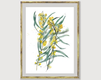 Wattle Plant Watercolor Painting, Flowers Illustration Print, Yellow Green Floral Artwork, Tree Home Decor