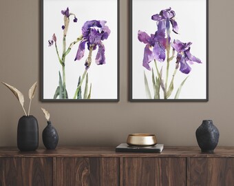 Purple Iris Watercolor Print Set of 2 – Wildflower Botanical Wall Art from Original Painting