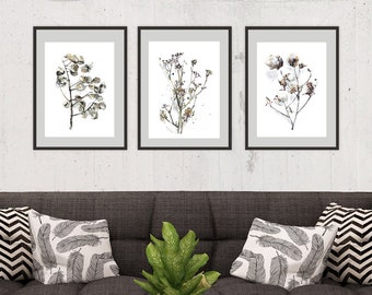 Set Of 3 Botanical Prints, Tryptich Wall Art, Earth Tone Wall Decor, Cotton And Anise Posters, Living Room Wall Hanging, Above The Sofa