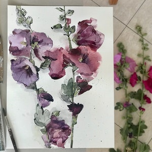 Hollyhock Watercolor Flowers, Pink Purple Floral Painting Set of 2, Bedroom Botanical Wall Decor, Living Room Flower Art Set image 9